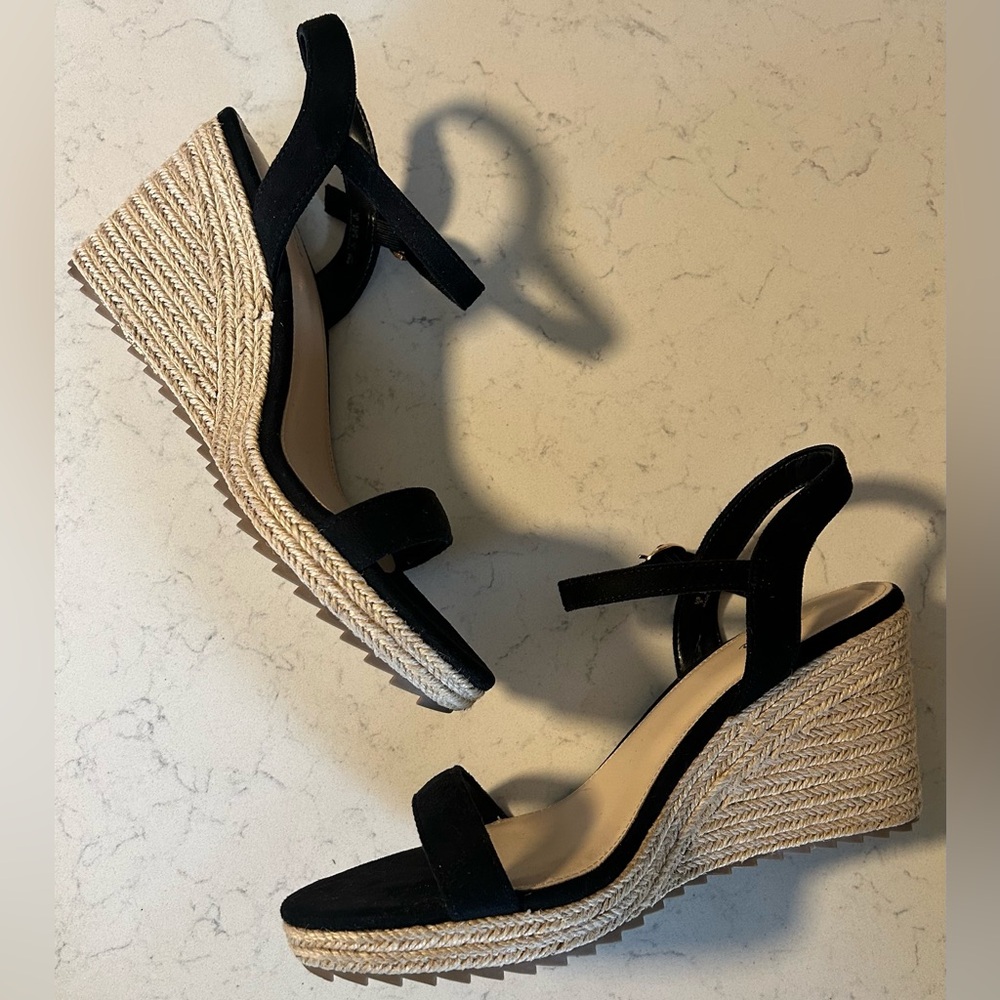 NWOT Platform Wedge Espadrille Black Faux Suede Open Toe Sandals - Picture 9 of 16